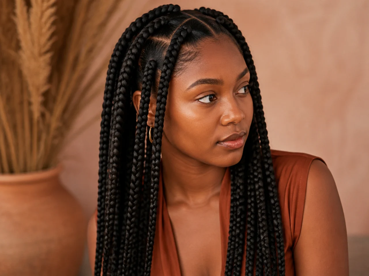 Three-quarter view of styled large knotless braids
