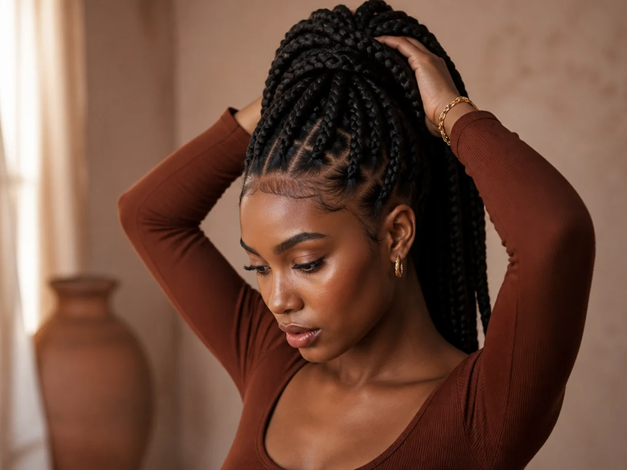 Braids gathered upward showing tension at the crown