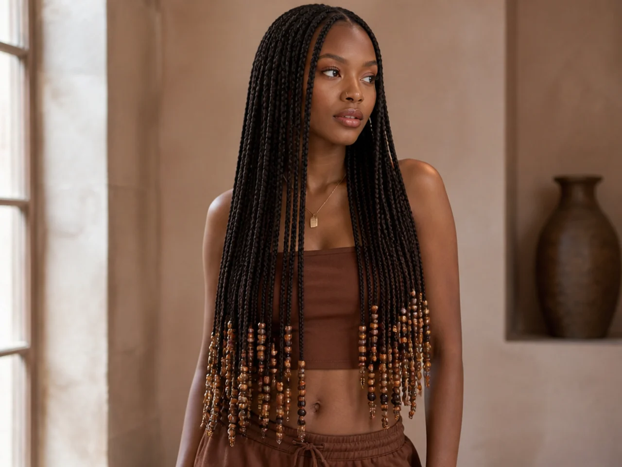 Waist-length braids with beaded ends