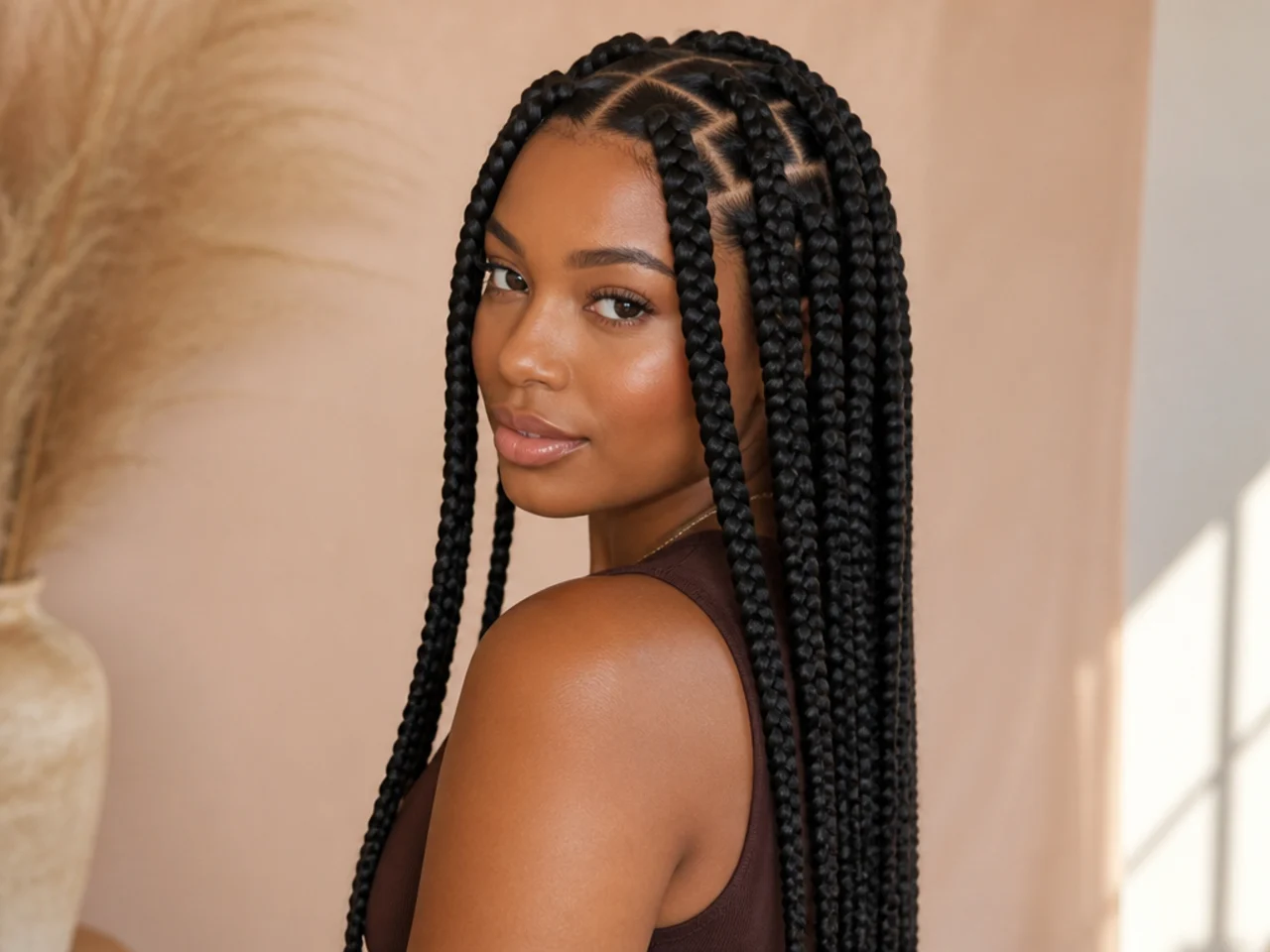 A neatly sectioned and installed set of large knotless braids