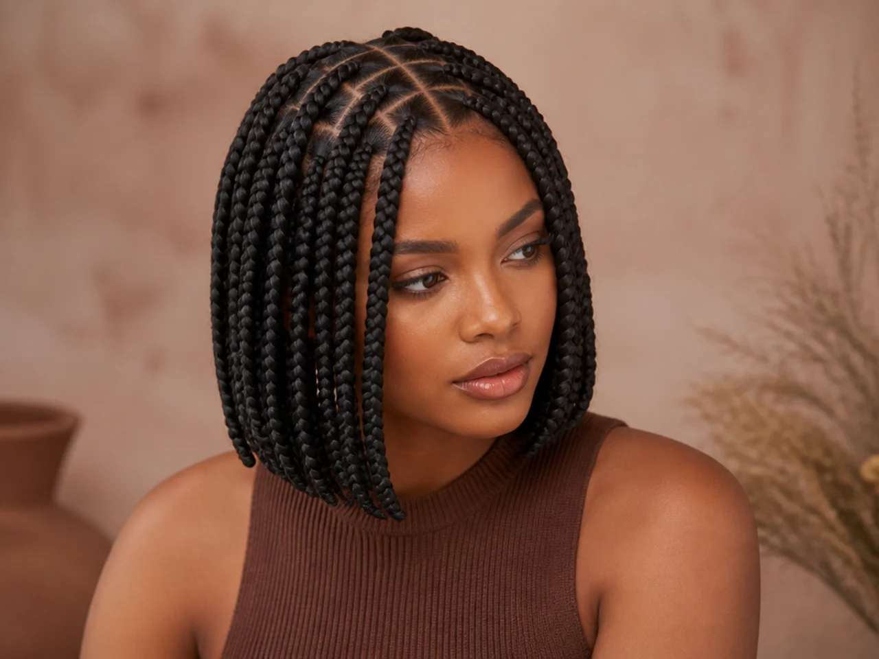Large knotless braids cut into a bob