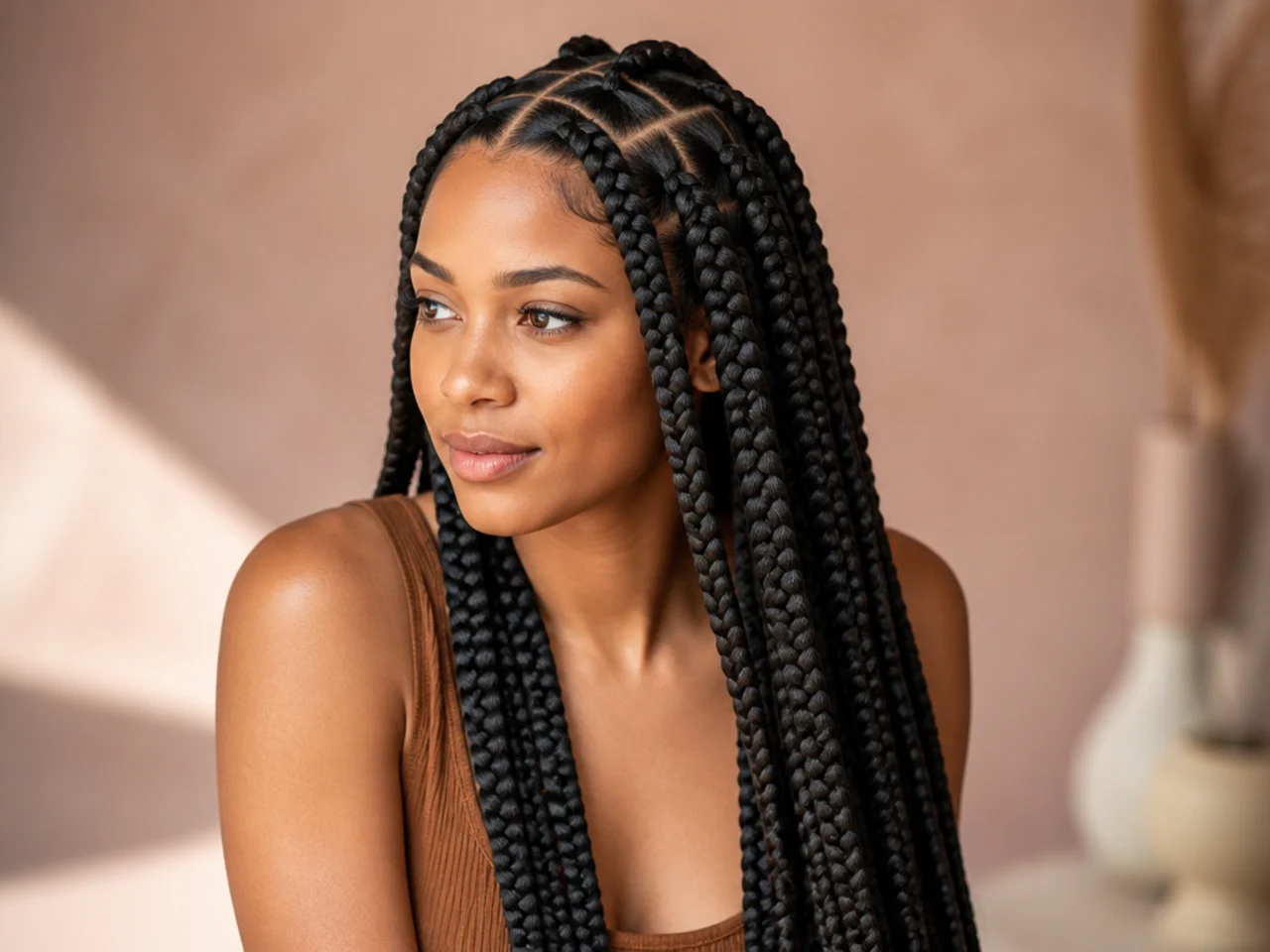 Three-quarter view of finished large knotless braids
