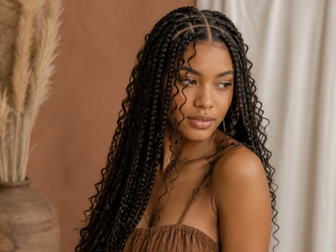 Boho large knotless braids with loose curly pieces