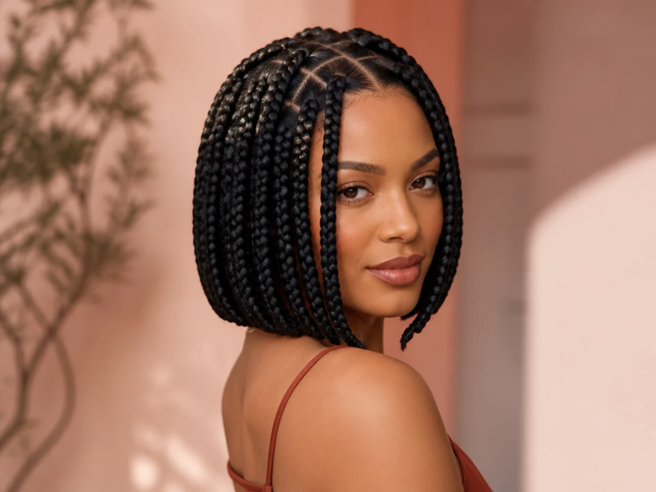 Large knotless braids cut into a bob