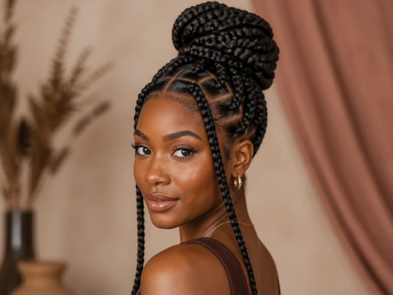 Large knotless braids gathered into a high bun