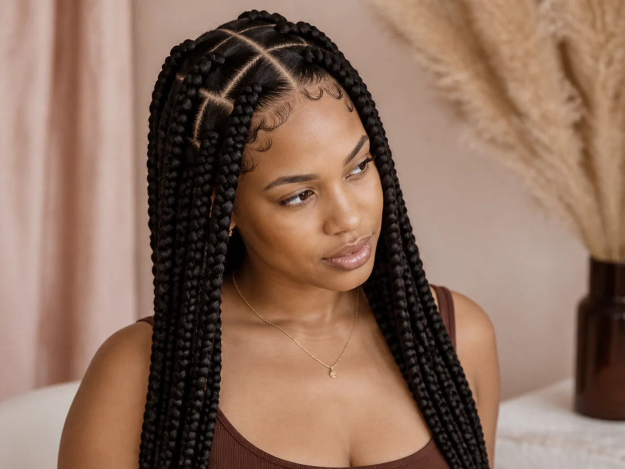 Large knotless braids with a curved parting grid