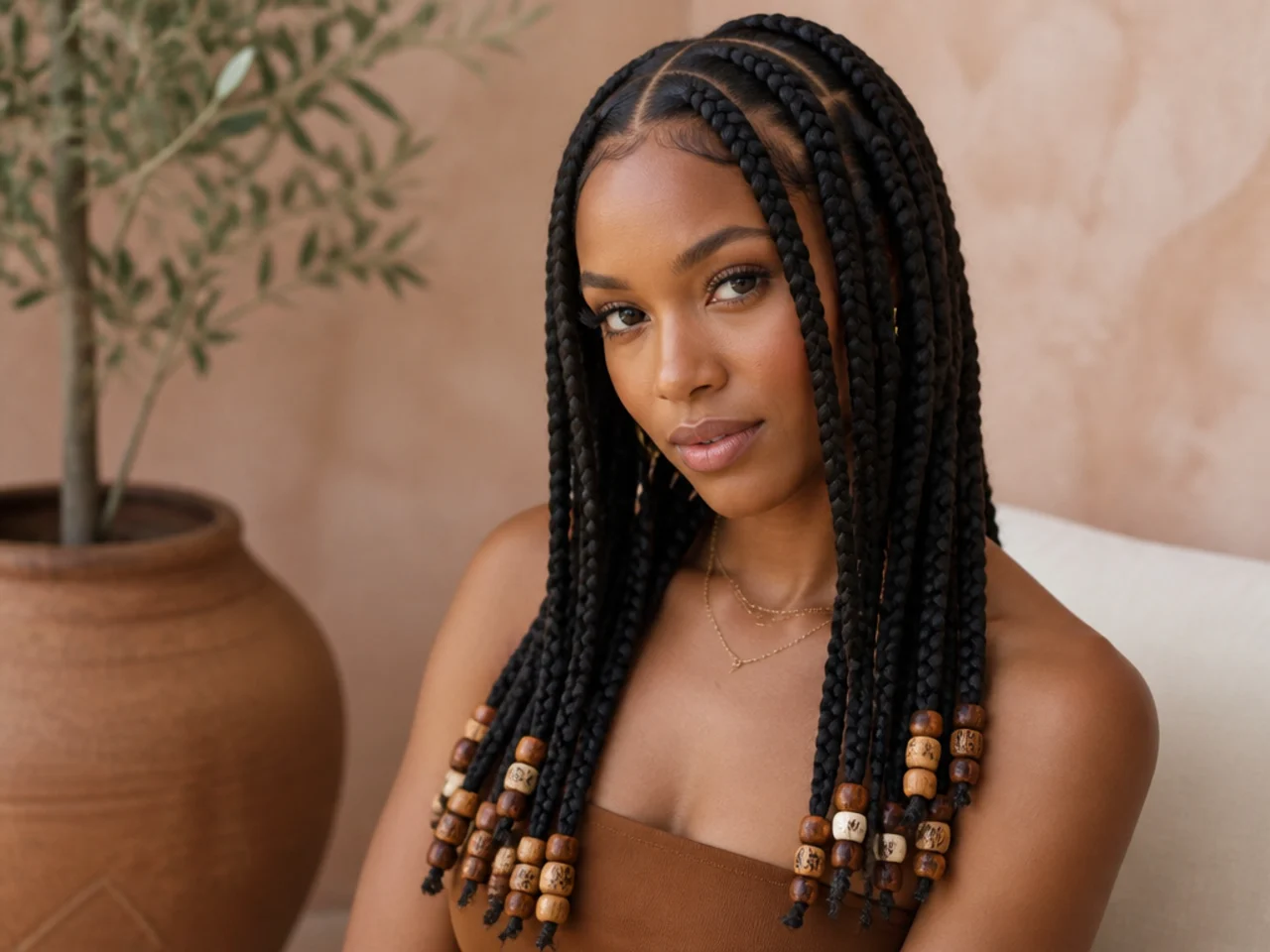 Large knotless braids finished with beads