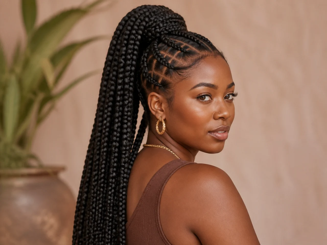 Large knotless braids in a high ponytail