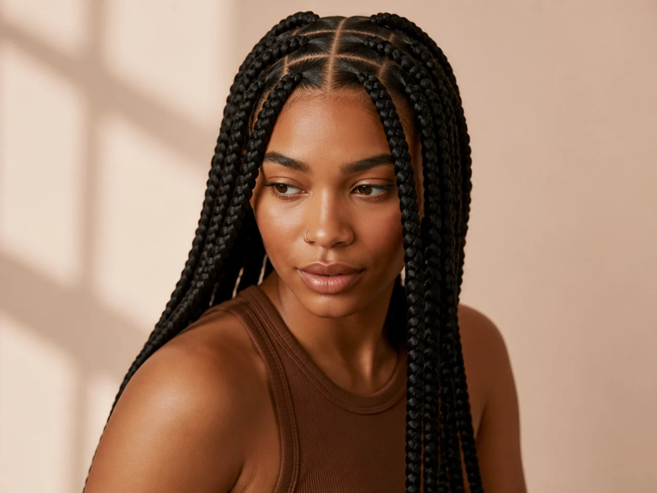 Large knotless braids with a centre part and square grid