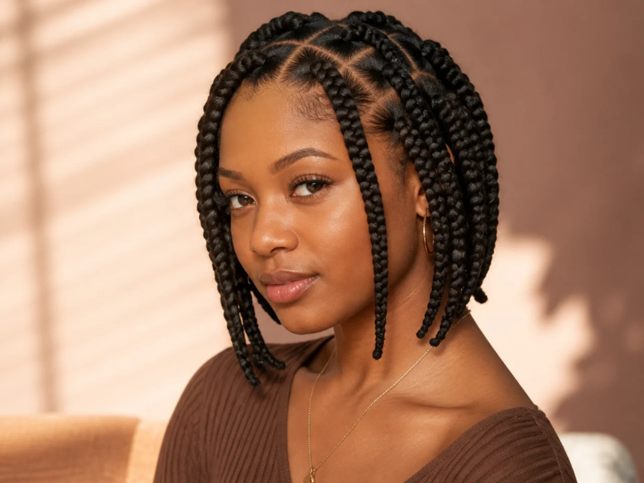 Large knotless braids installed on short natural hair