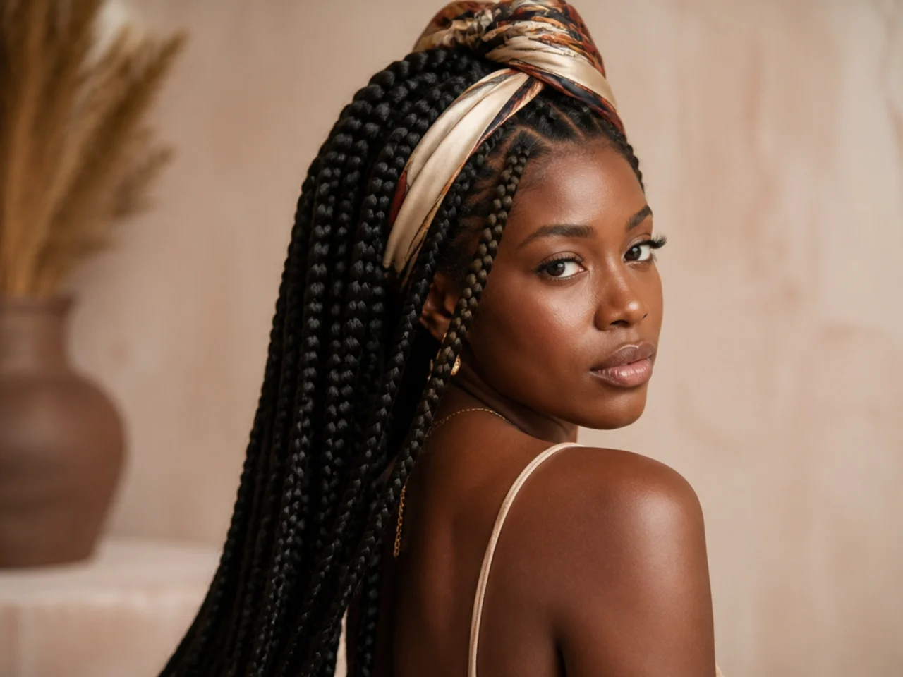Large knotless braids wrapped with a scarf