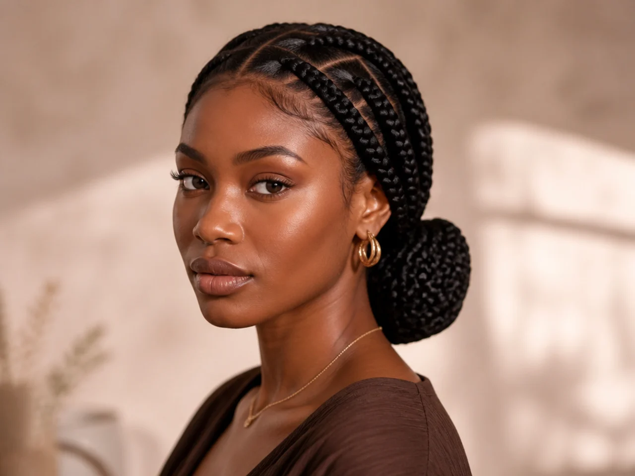 Large knotless braids in a low bun