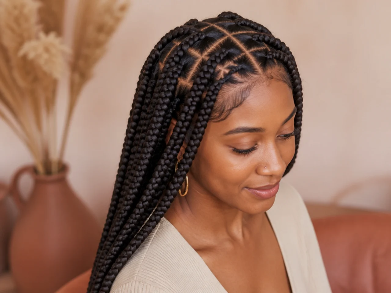 Large knotless braids at five weeks of growth