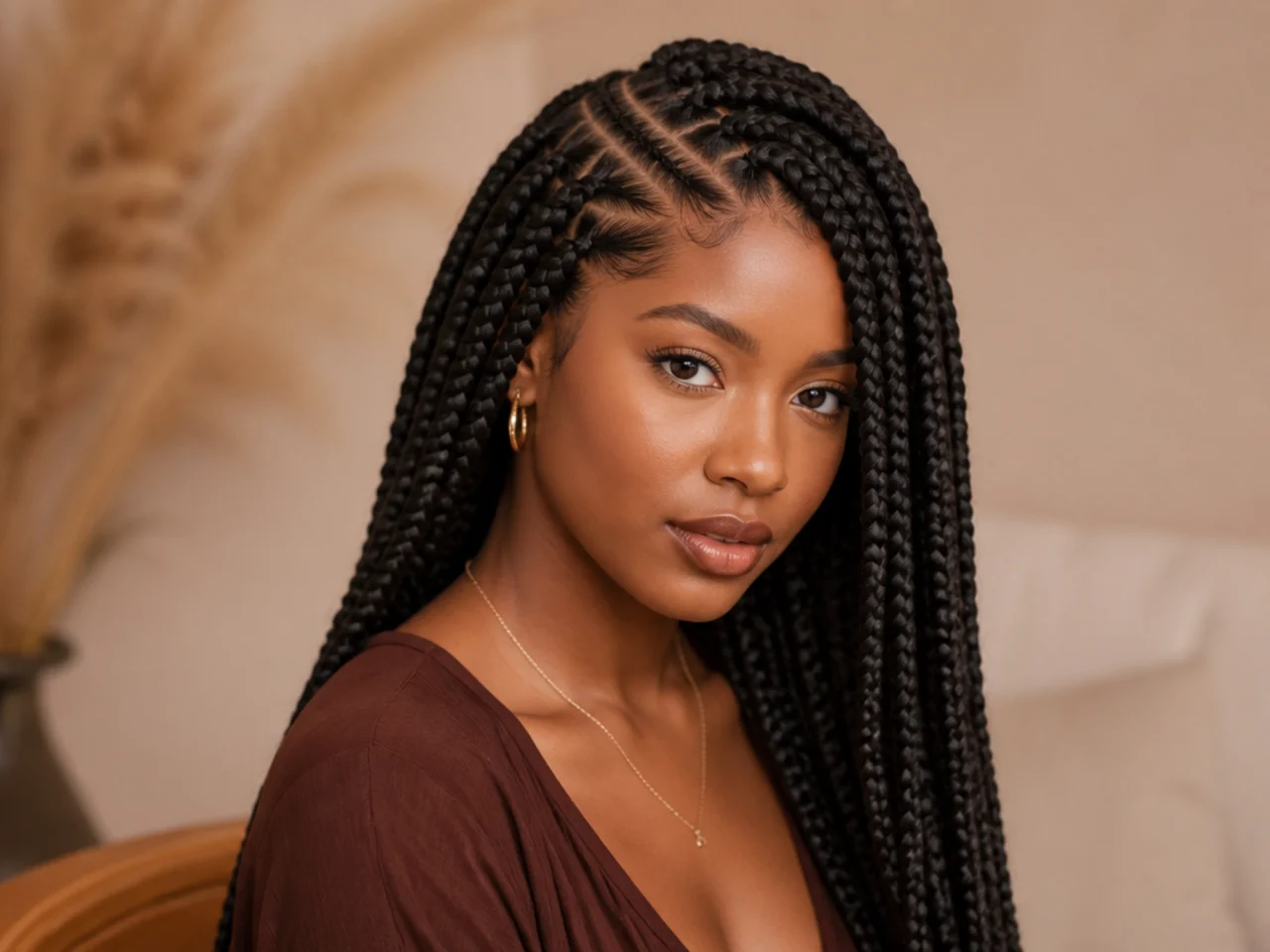 Large knotless braids with a deep side parting