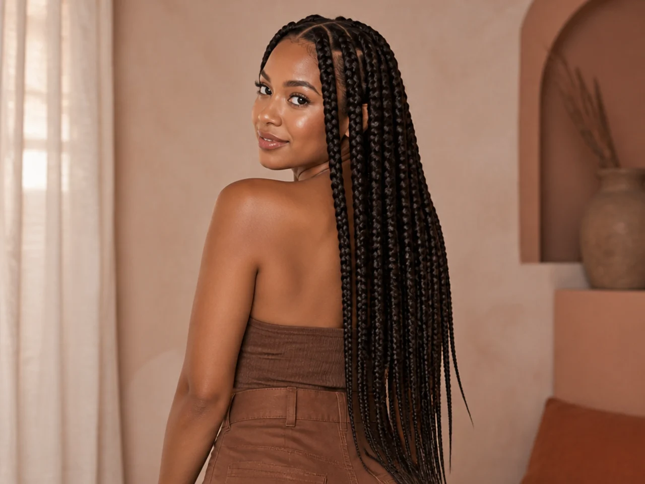 Waist-length large knotless braids