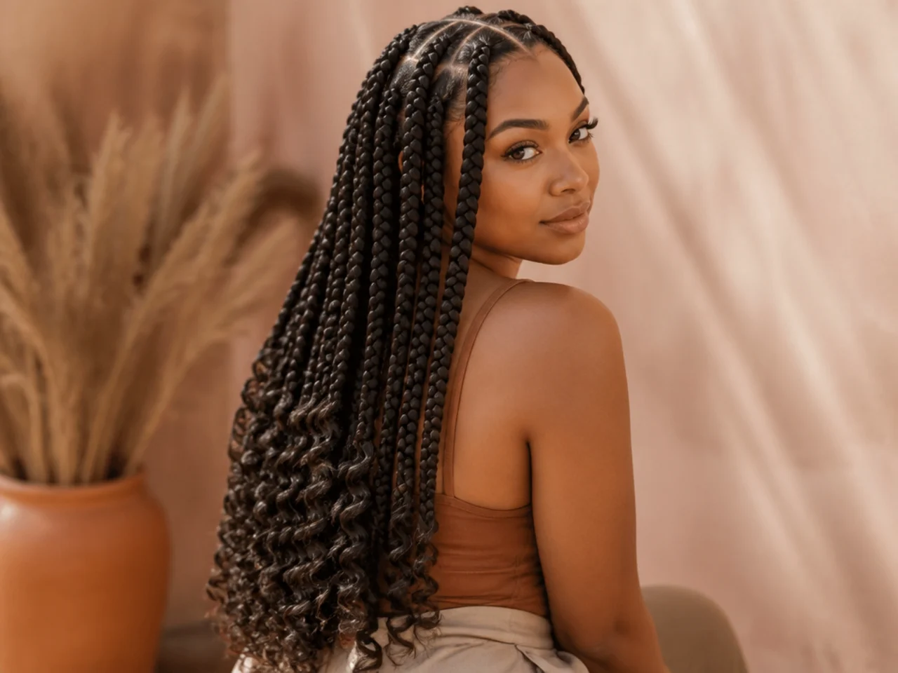 Large knotless braids with curled ends