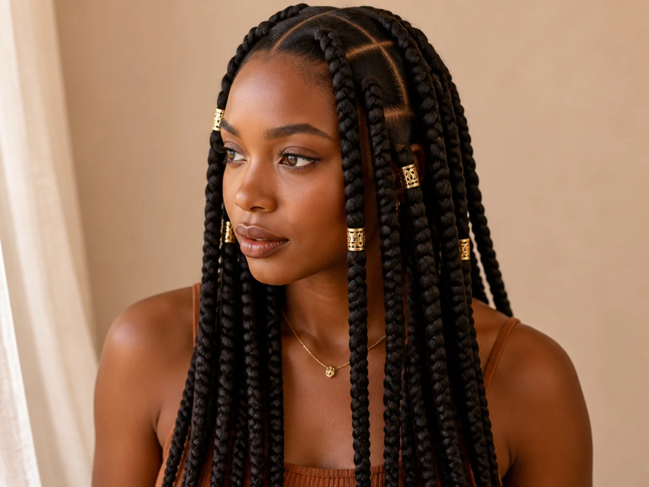 Large knotless braids finished with gold cuffs