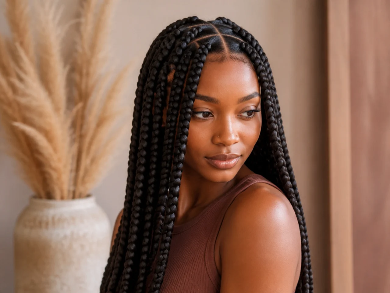 Three-quarter view of finished large knotless braids