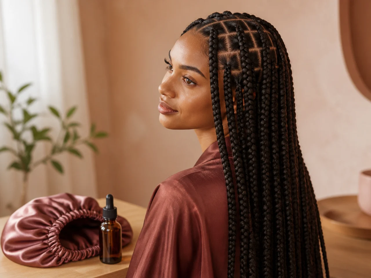 A satin bonnet and scalp oil laid out for braid care