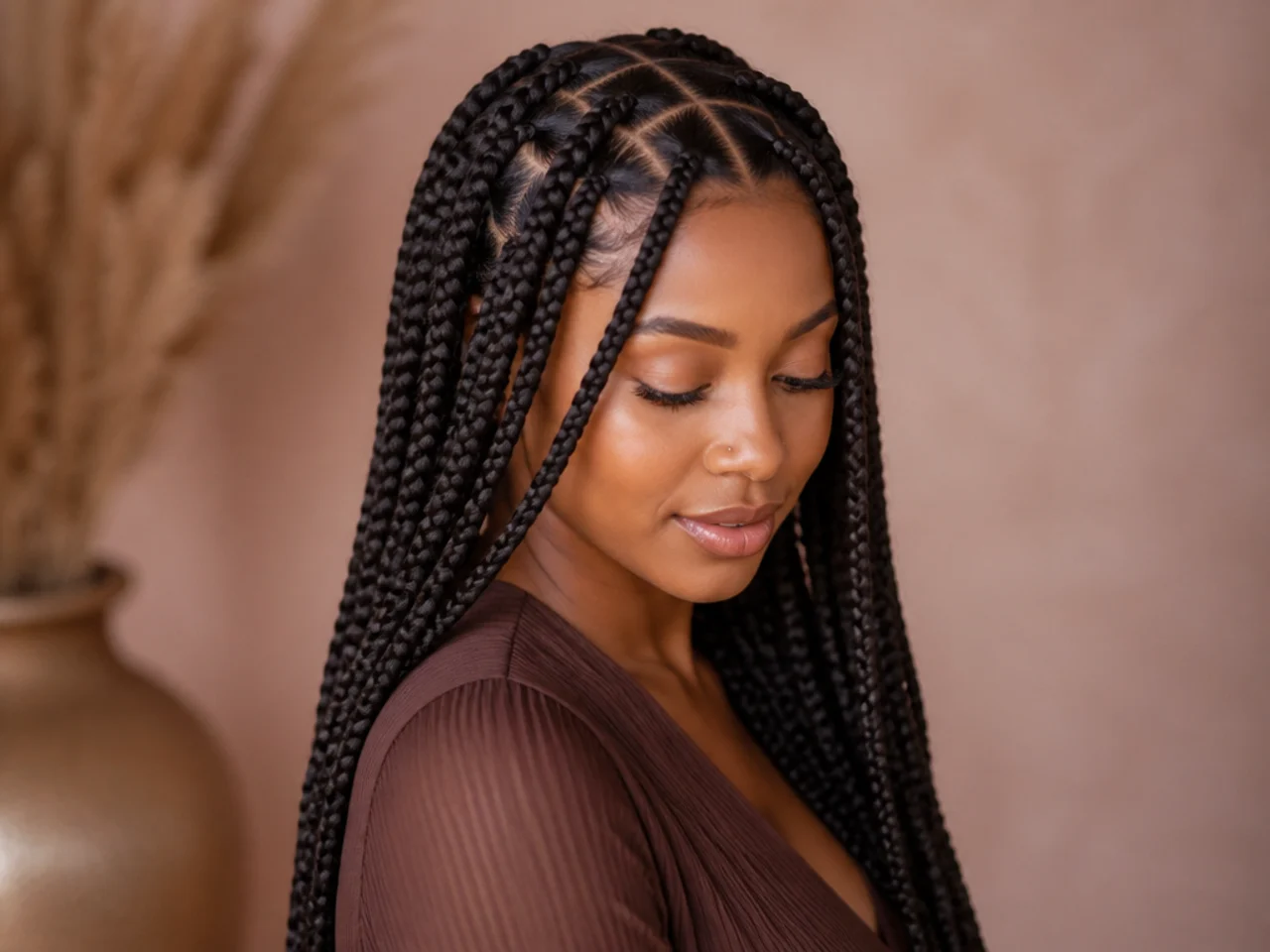 Three-quarter view of finished knotless braids