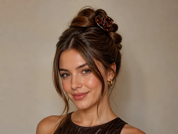 Woman with a twisted claw clip updo with warm autumn tones for a last-minute Halloween party look