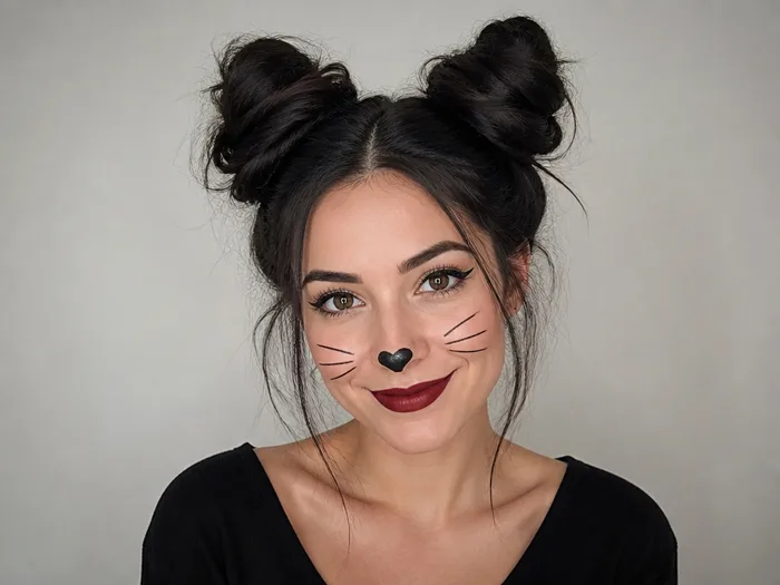 Woman with two high space buns styled like cat ears for a last-minute Halloween costume