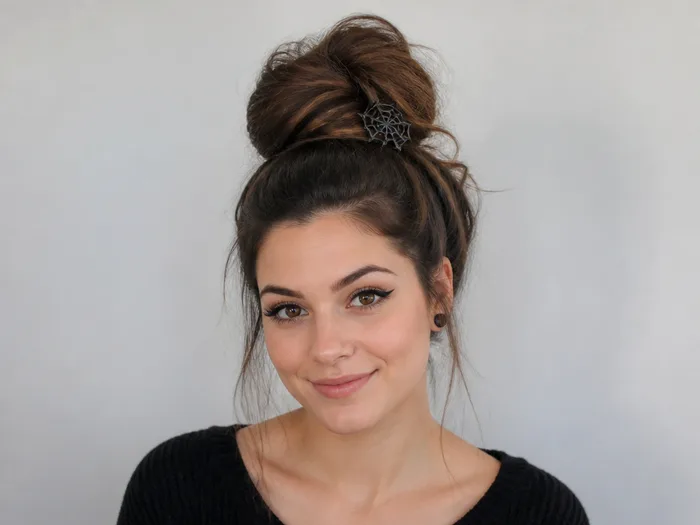 Woman with a high messy bun with a small black spiderweb hair clip for a last-minute Halloween look
