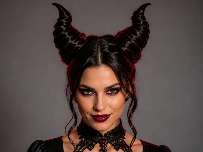 Woman with two twisted horn-shaped buns on top of the head for a last-minute devil Halloween costume