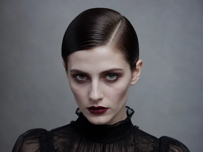 Woman with a sleek slicked-back side part hairstyle with a pale ghostly finish for last-minute Halloween