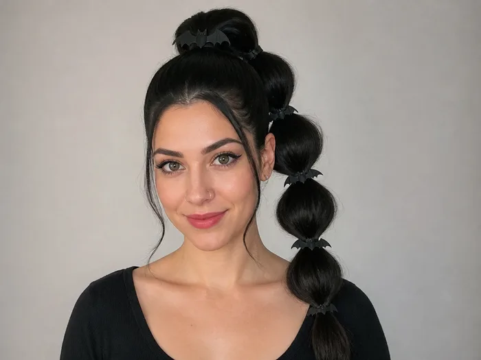 Woman with a bubble braid ponytail decorated with small black bat clips for last-minute Halloween