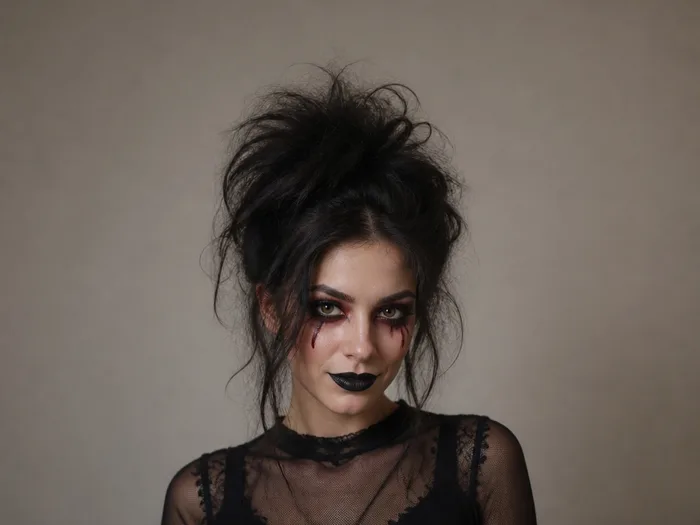 Woman with tousled messy bedhead hair with textured volume for a last-minute zombie Halloween look