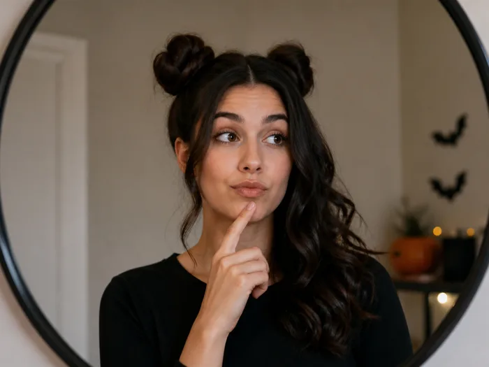 Woman deciding between last-minute Halloween hairstyles in front of a mirror before a party