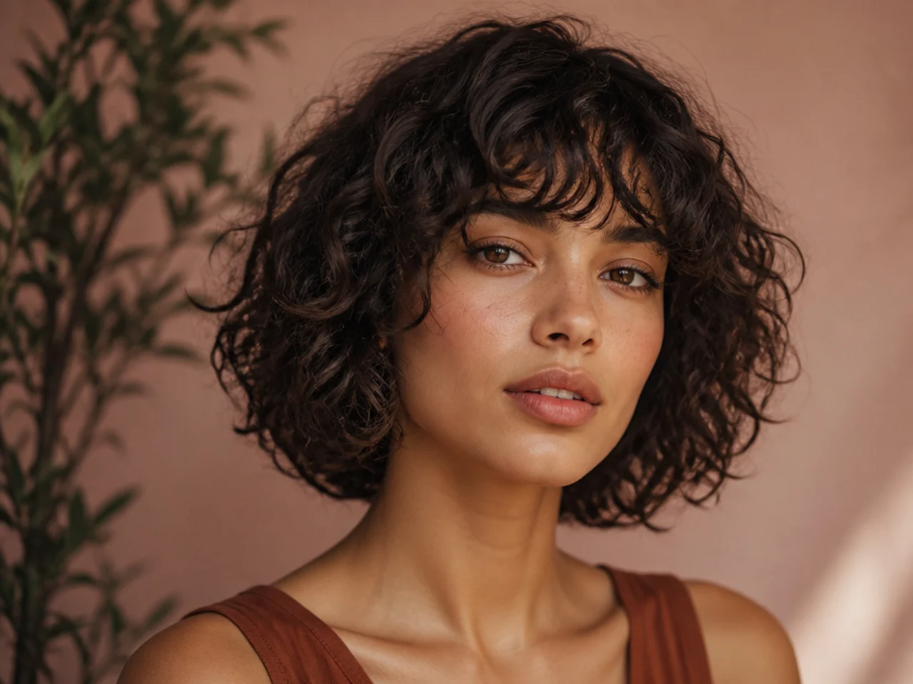 Curly Layered Bob with Bangs
