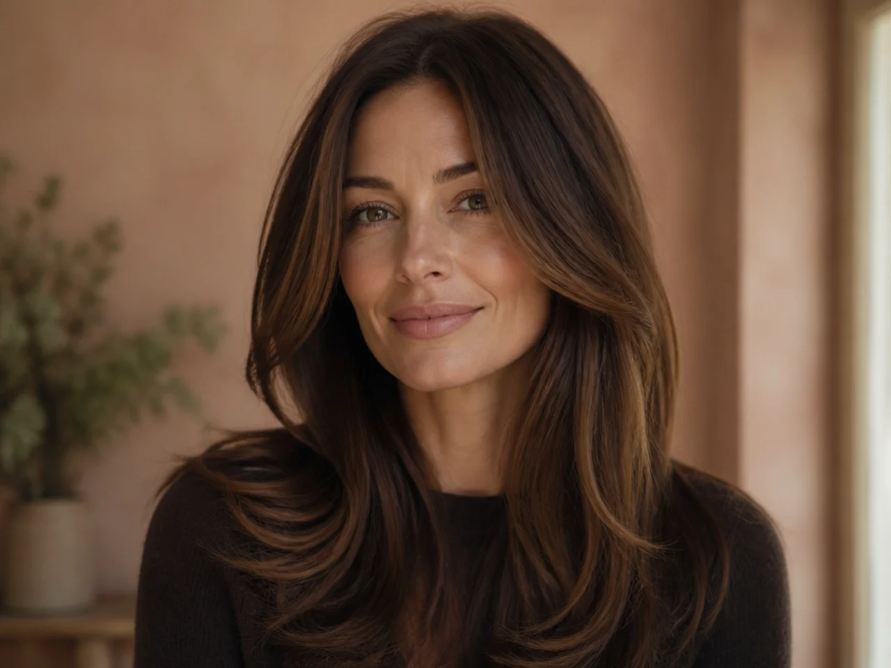 Layered hair with a centre part