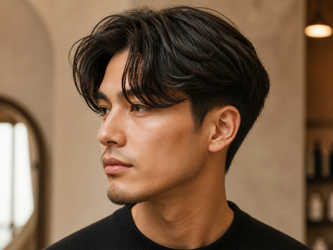 Ravi, 28, PhD candidate, wearing a curtain-front layered two block with center part, face-framing layers, and a low taper at the neckline