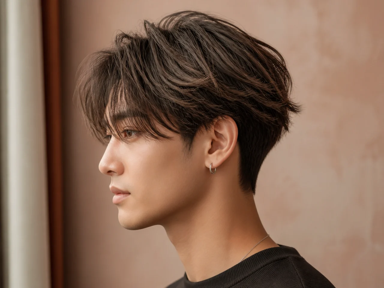 Elliot, 30, film editor, wearing a feather-cut layered two block with heavy point-cut ends and a clean hidden two guard