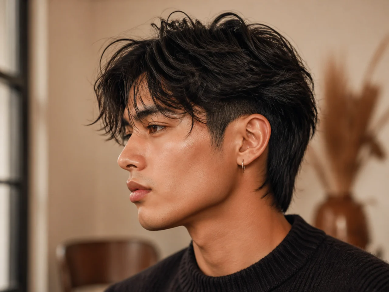 Kenji, 26, industrial designer, wearing a wolf-adjacent layered two block with six-inch crown length, dropped back, and a hidden one guard