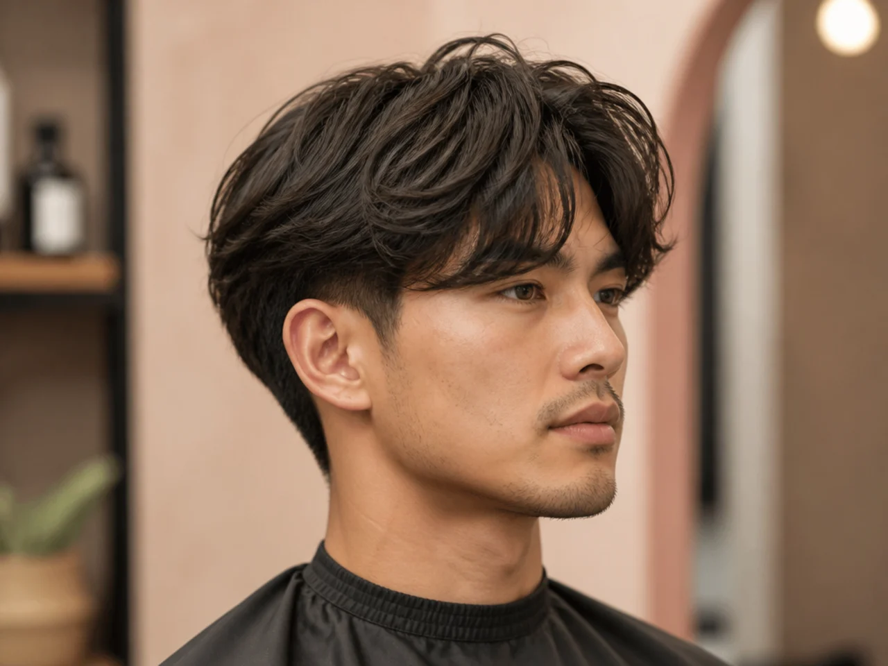 Sam, 34, surf-shop owner, wearing an overgrown layered two block with six-inch sun-bleached top, soft face-framing layers, and a hidden two guard