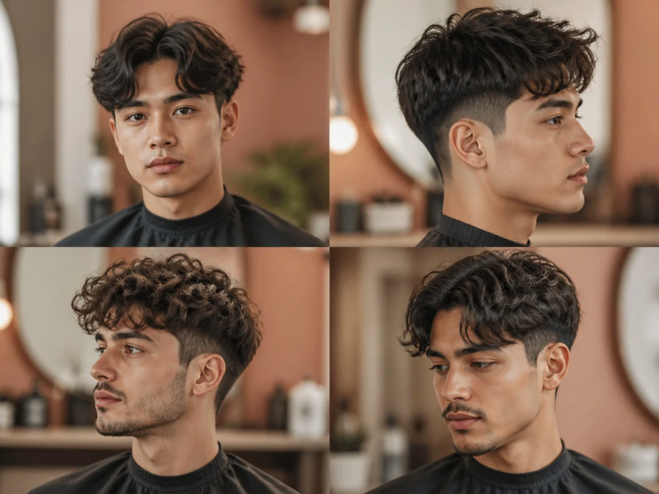 Overhead shot of the product lineup for a layered two block — sea salt spray, matte clay, leave-in conditioner, light hairspray, and a boar-bristle brush