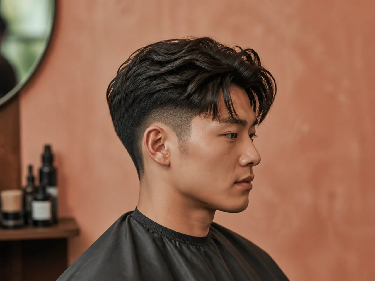 Barber pointing to a client's cowlick in the mirror while discussing grow-out direction before cutting a layered two block