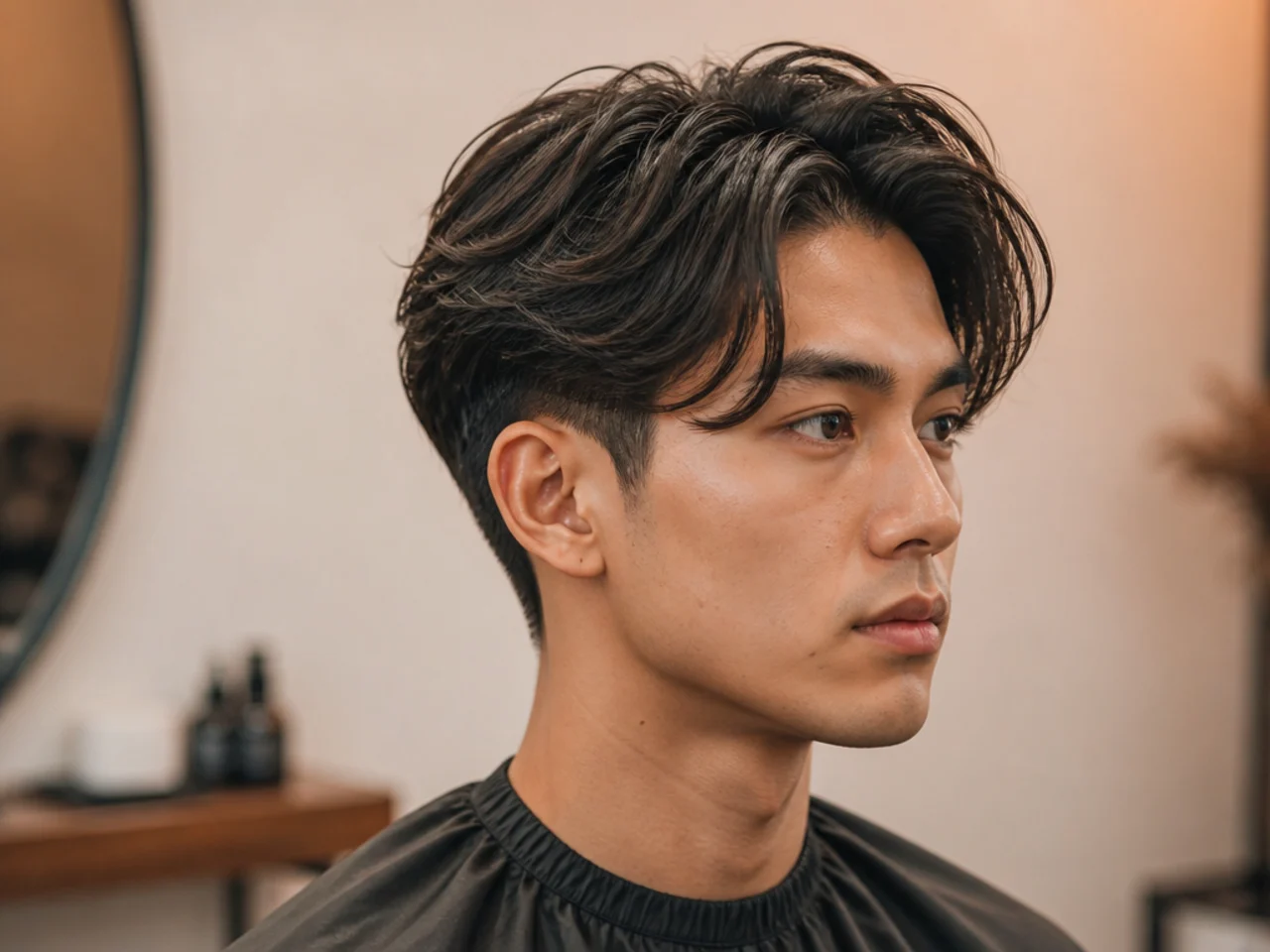 Three-quarter portrait of a young man with a layered two block turning his head so the hidden buzz flashes below the top layer