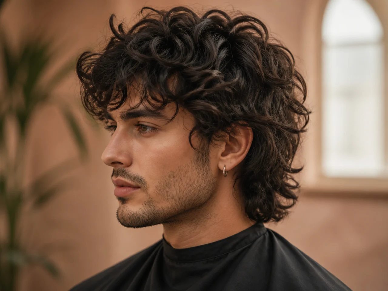 Curly layered wolf cut on a man with type 3 curls in a defined layered stack
