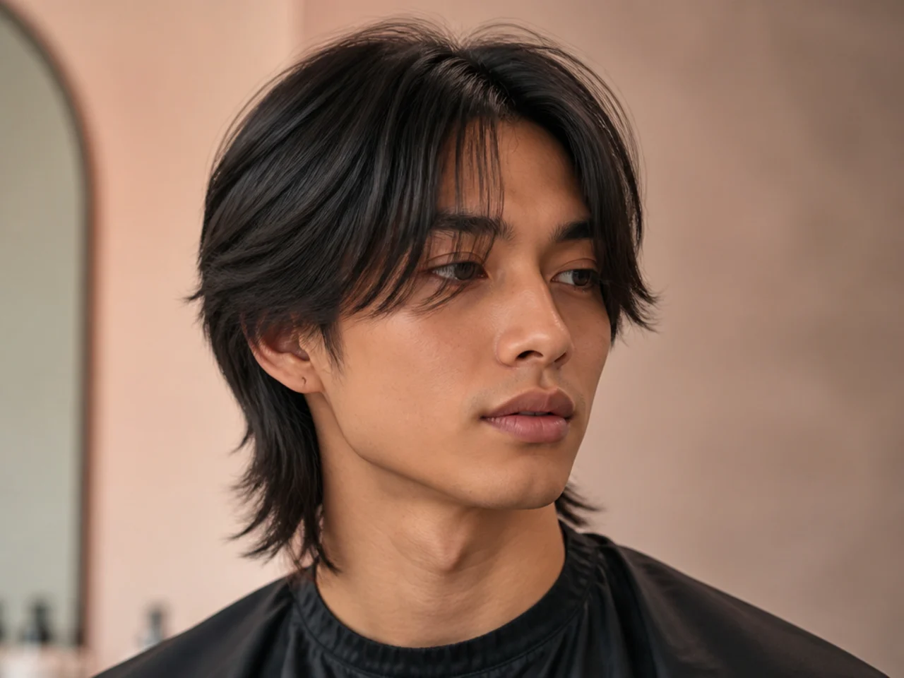 Straight layered wolf cut with sharp visible layer breaks and clean feathered face-framing