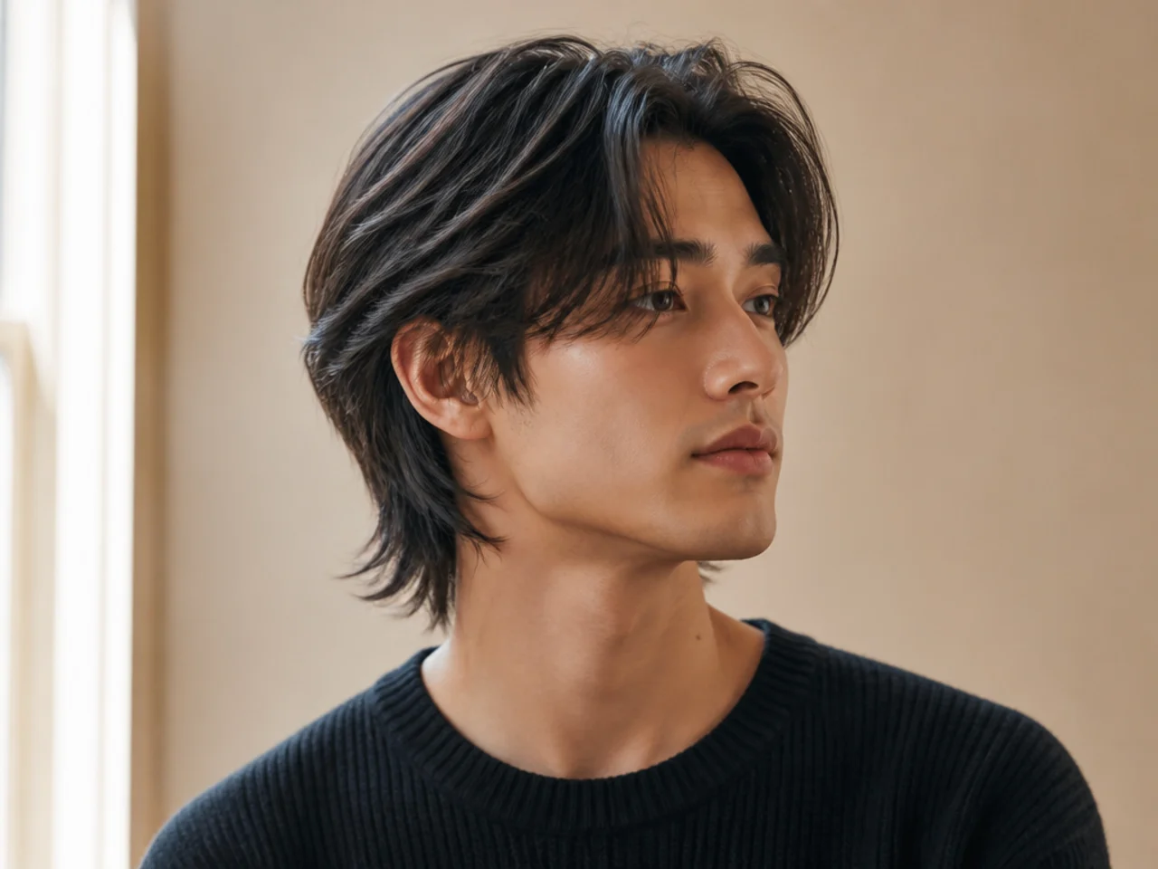 Korean-inspired layered wolf cut on a young Asian man with soft rounded layers and forward fringe