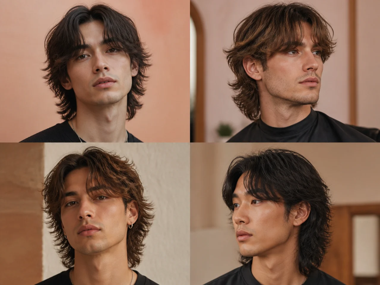 Layered wolf cut with curtain fringe parted at center and curling out at the temples