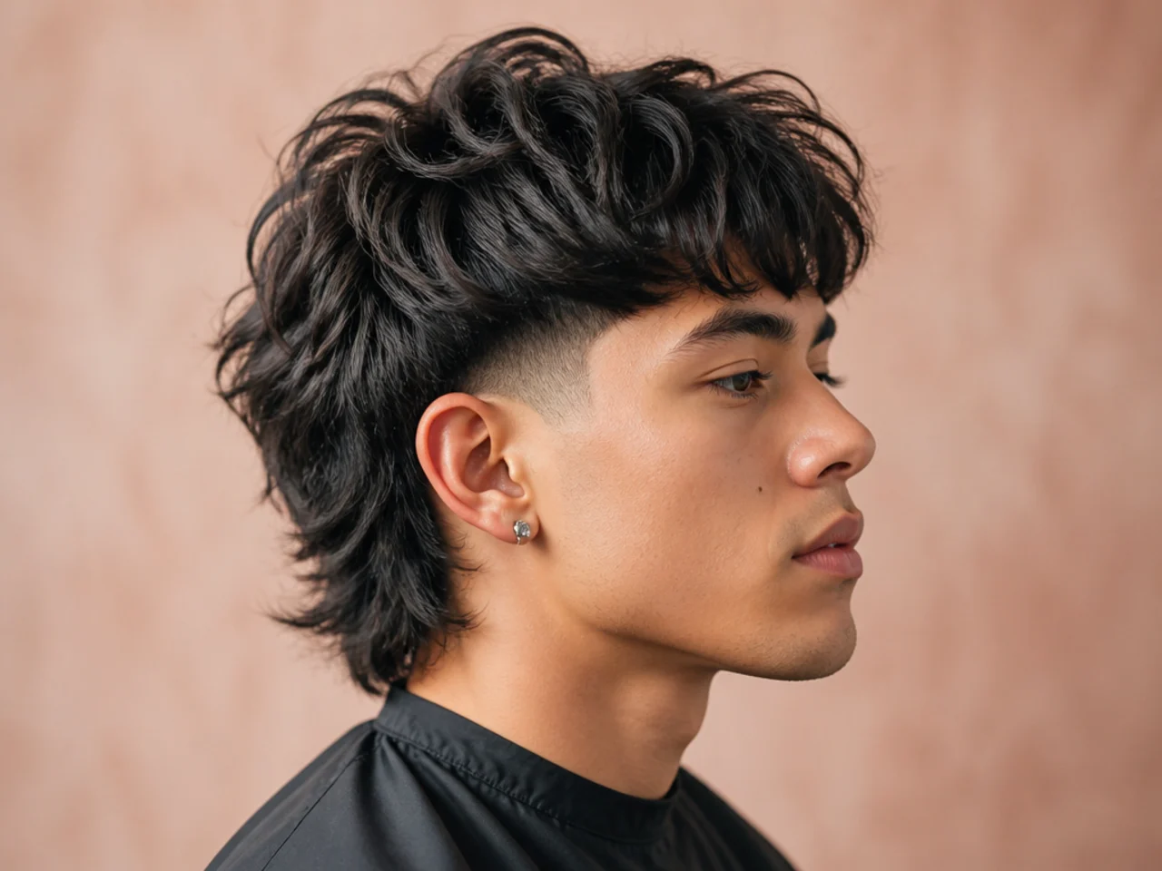 Layered wolf cut with low taper fade sitting tight to the ear beneath layered mid-lengths