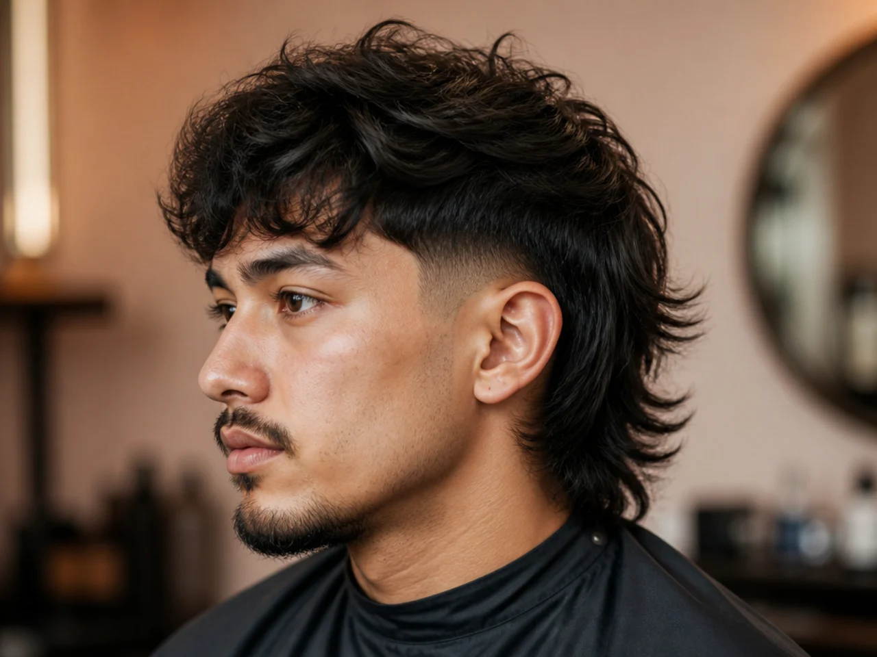 Layered wolf cut with burst fade arcing around the ear and layered top mass