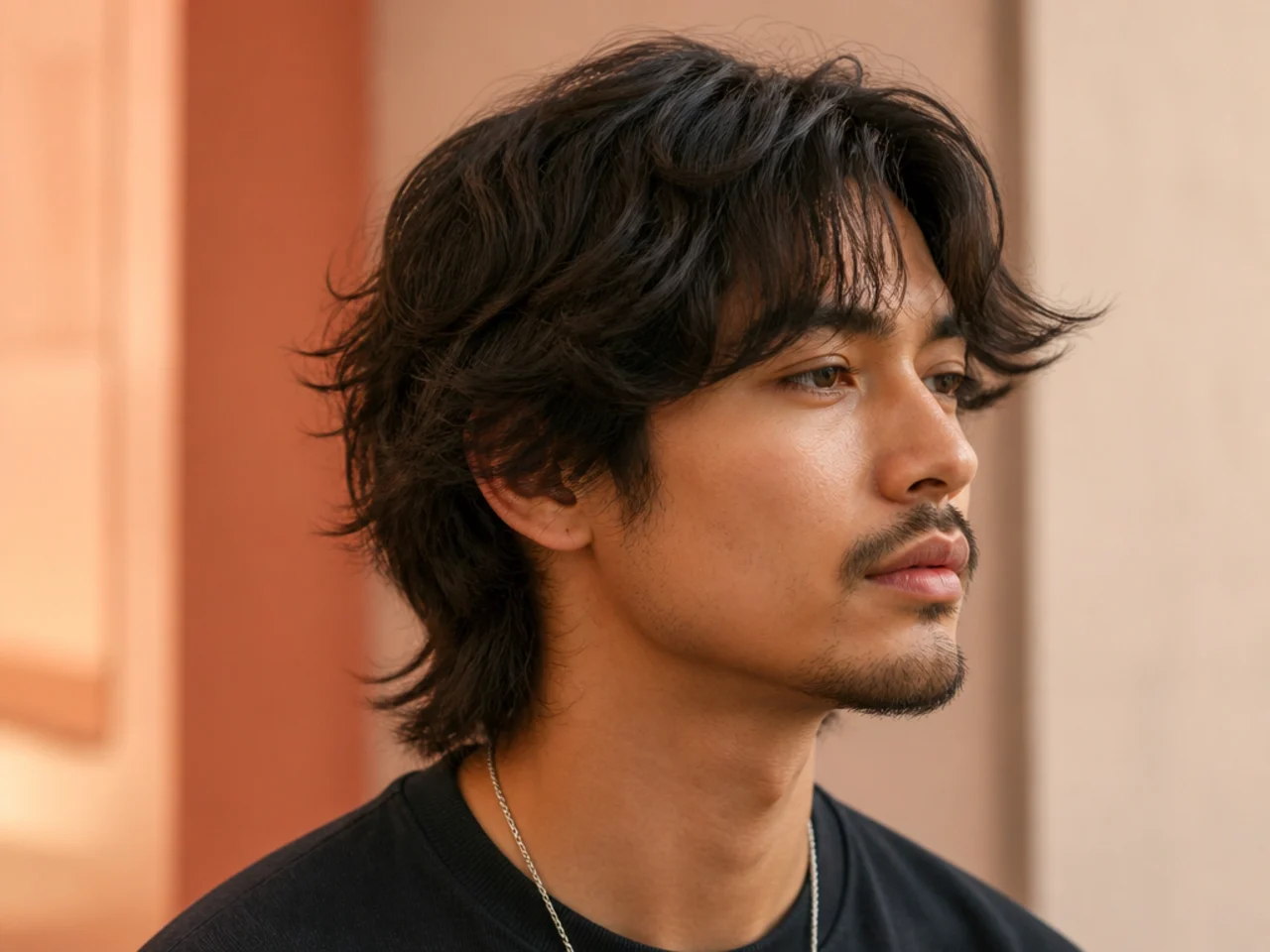 Subtle layered wolf cut with soft shallow internal layers and gentle feathered perimeter
