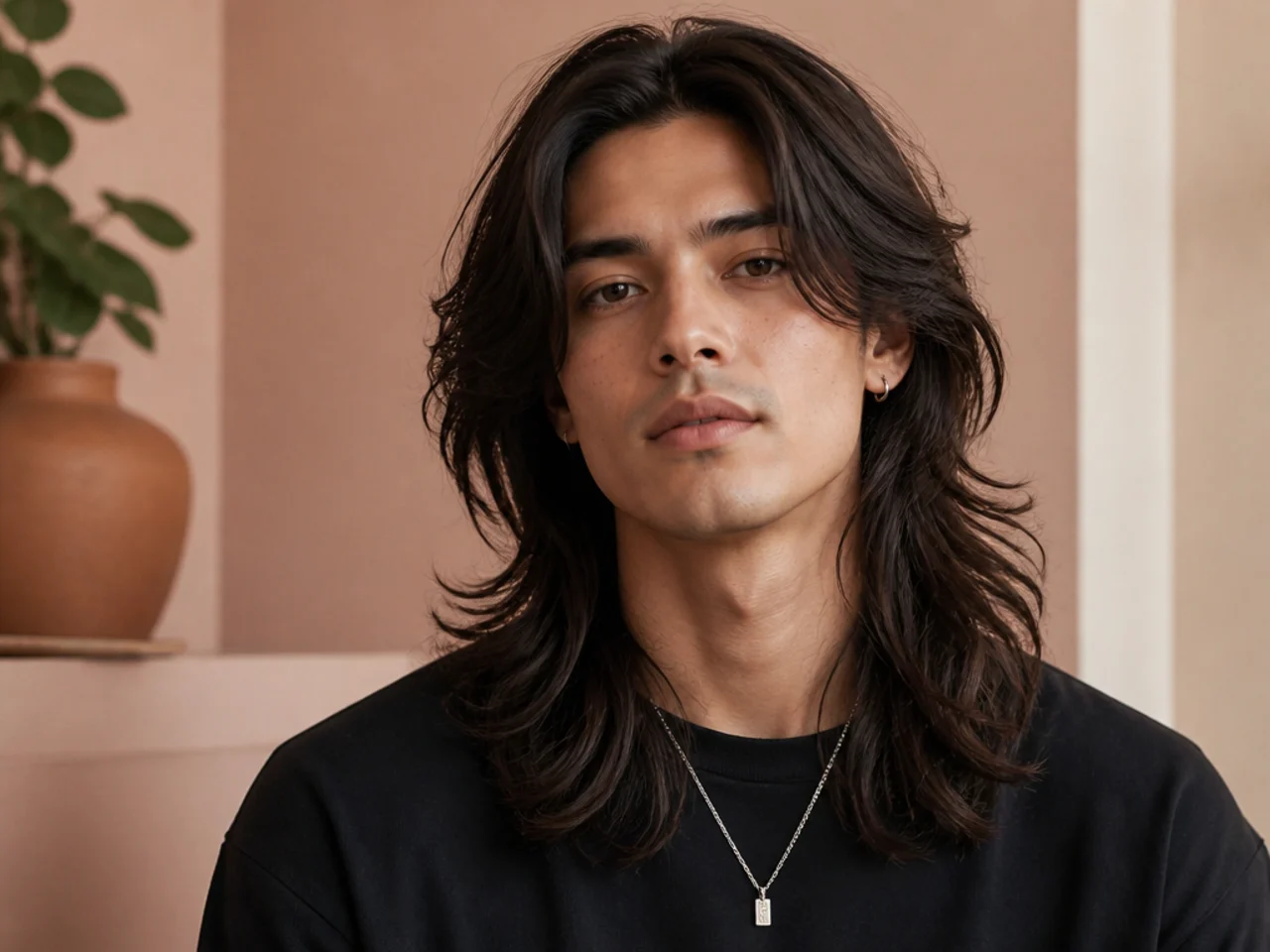 Long layered wolf cut with six-inch top layers and shoulder-brushing nape length