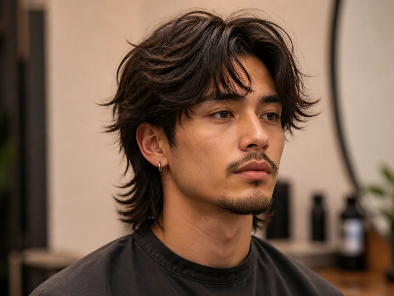 Barber and client discussing layered wolf cut reference photos in a modern barbershop chair